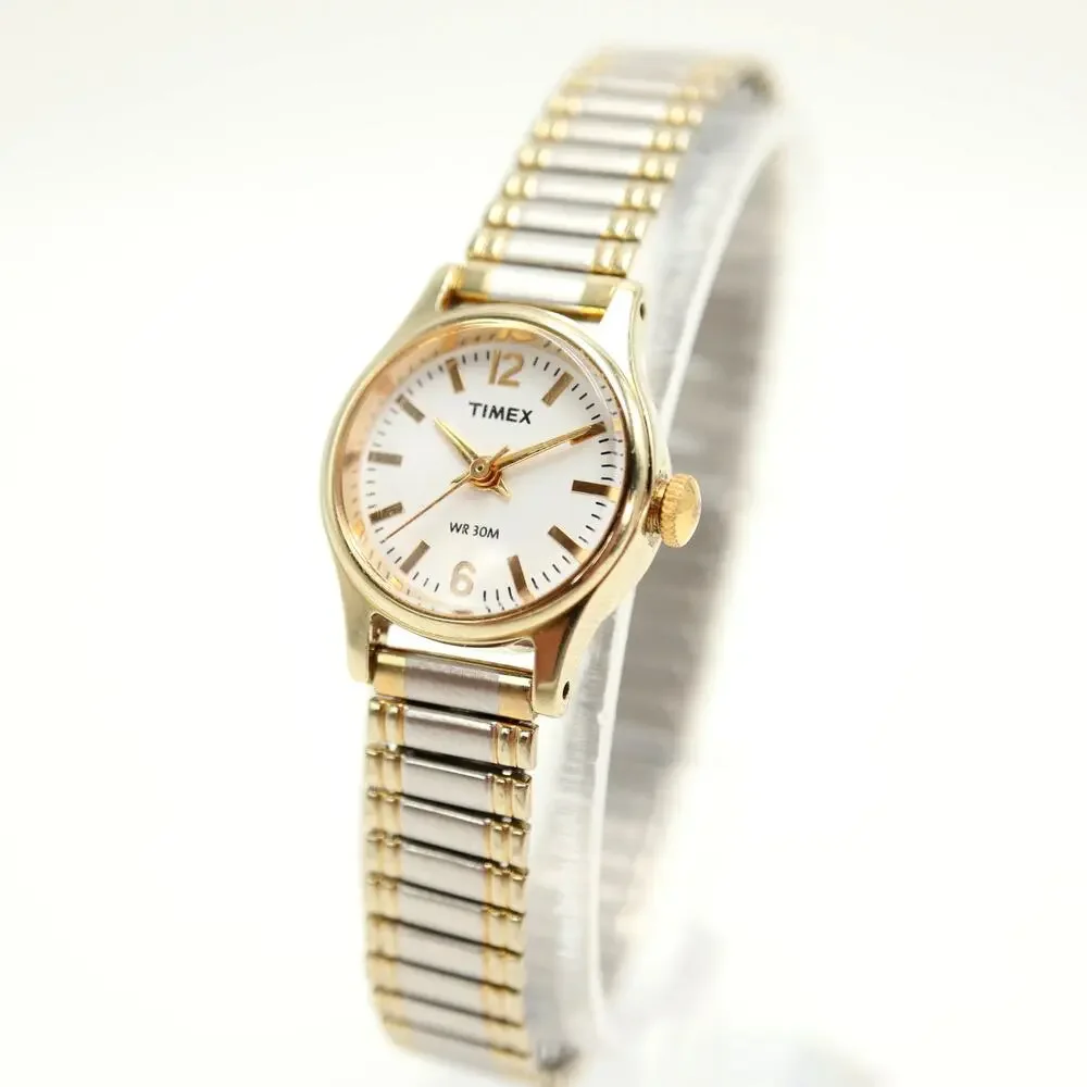 Timex Two Tone Petite 19mm Womens Watch Metal Stretch Band w New Battery
